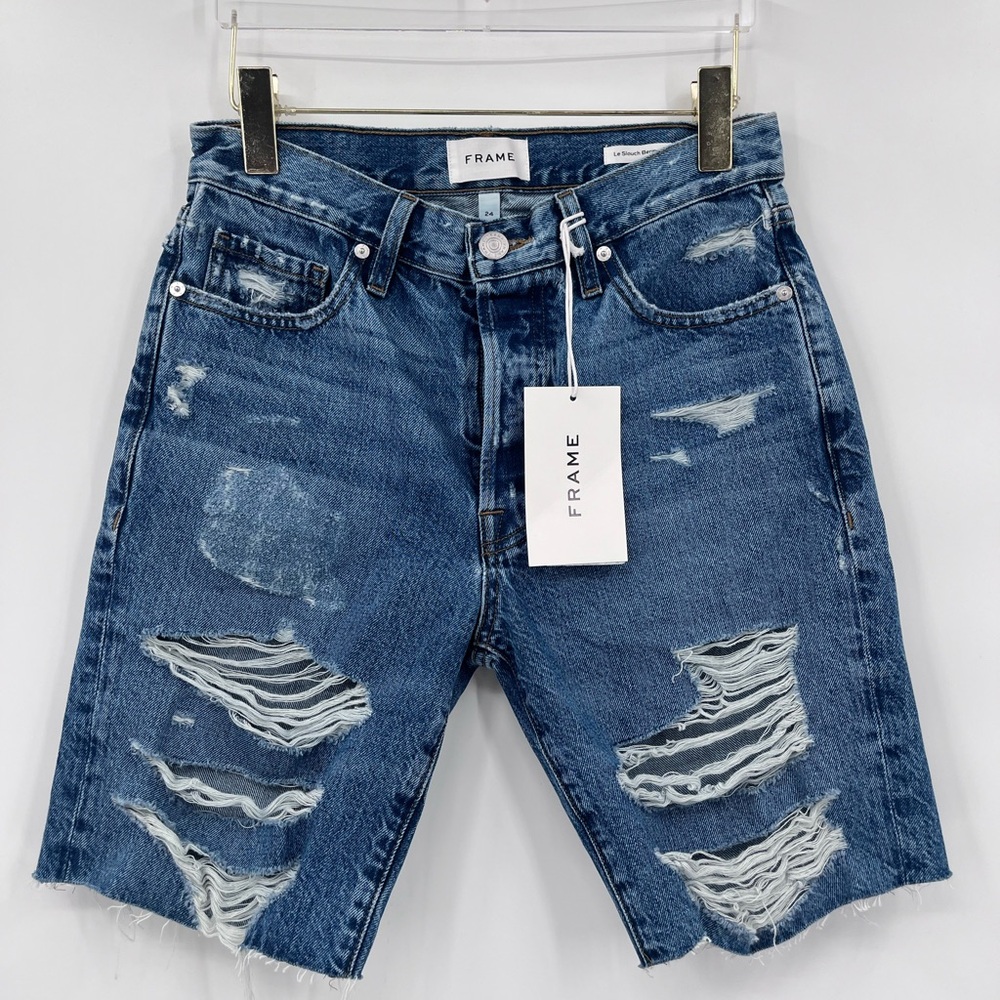 Frame Bermuda Shorts Lei Slouch Bermuda Blue River Run Denim Distressed 24